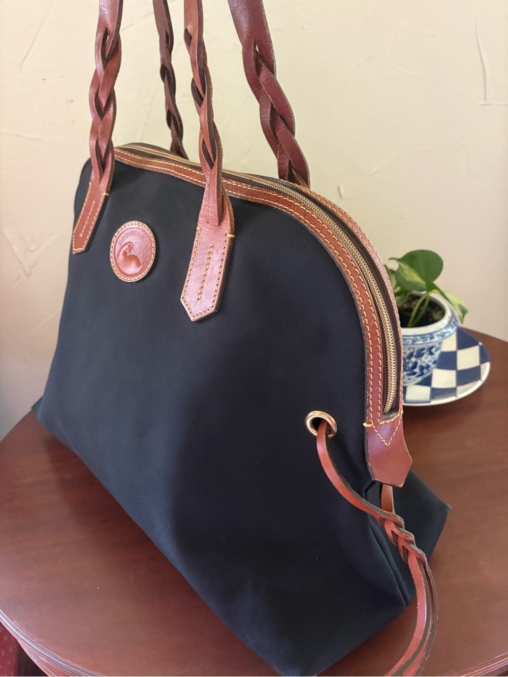 Dooney & Bourke Black Nylon Domed Satchel Tote with Brown Leather Trim